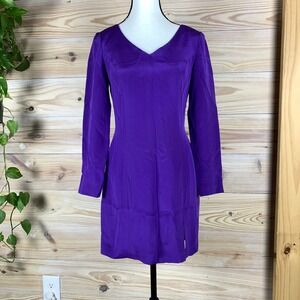 Hugo Buscati Dress Women 4 Purple Silk V-Neck Long Sleeve Mini Cocktail Evening
